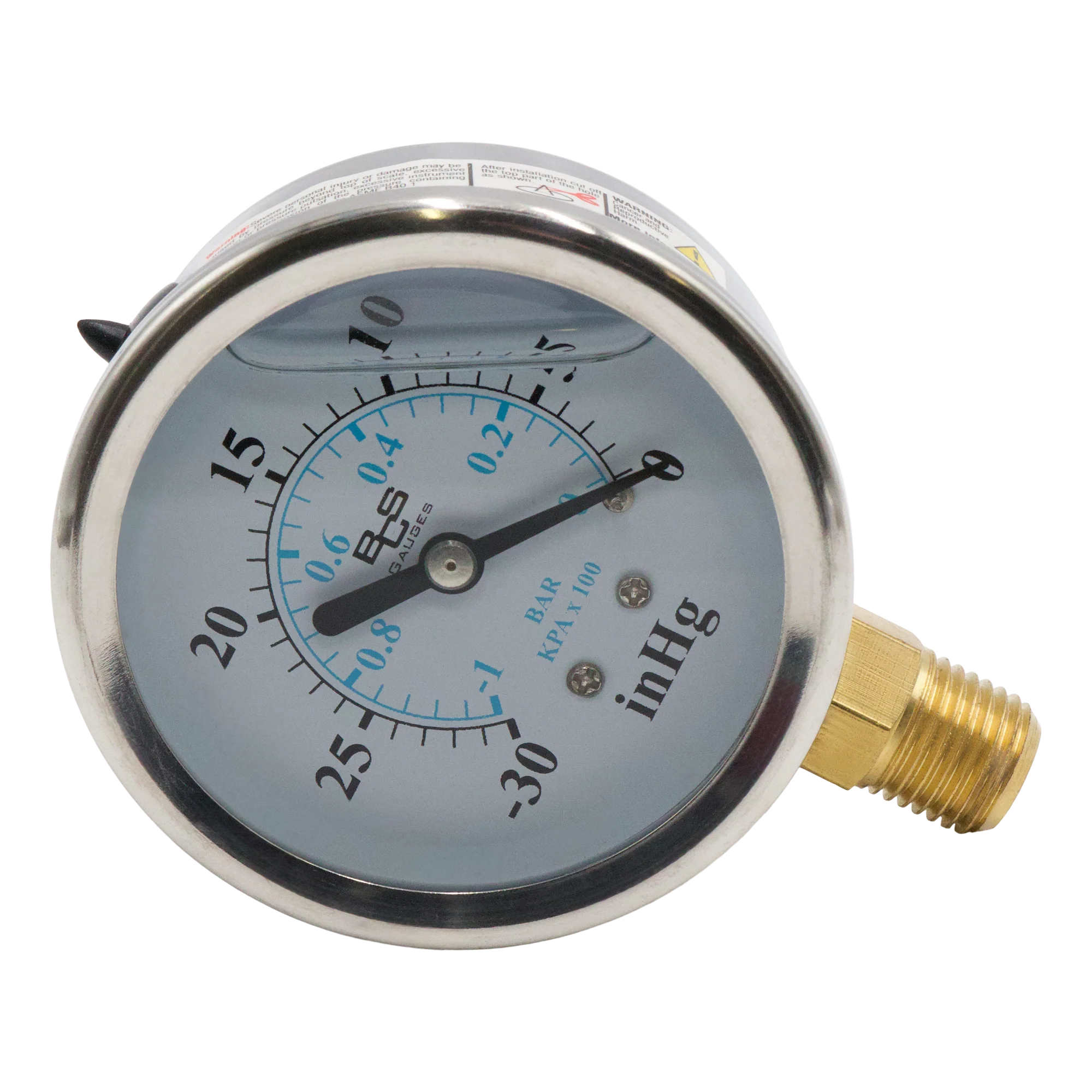 S.S. VACUUM GAUGE 30" Hg. 1/4" MPT
